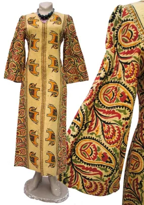 1960s Vintage Block Printed Paisley Bell Sleeve Kaftan Dress • New Generation Boutique