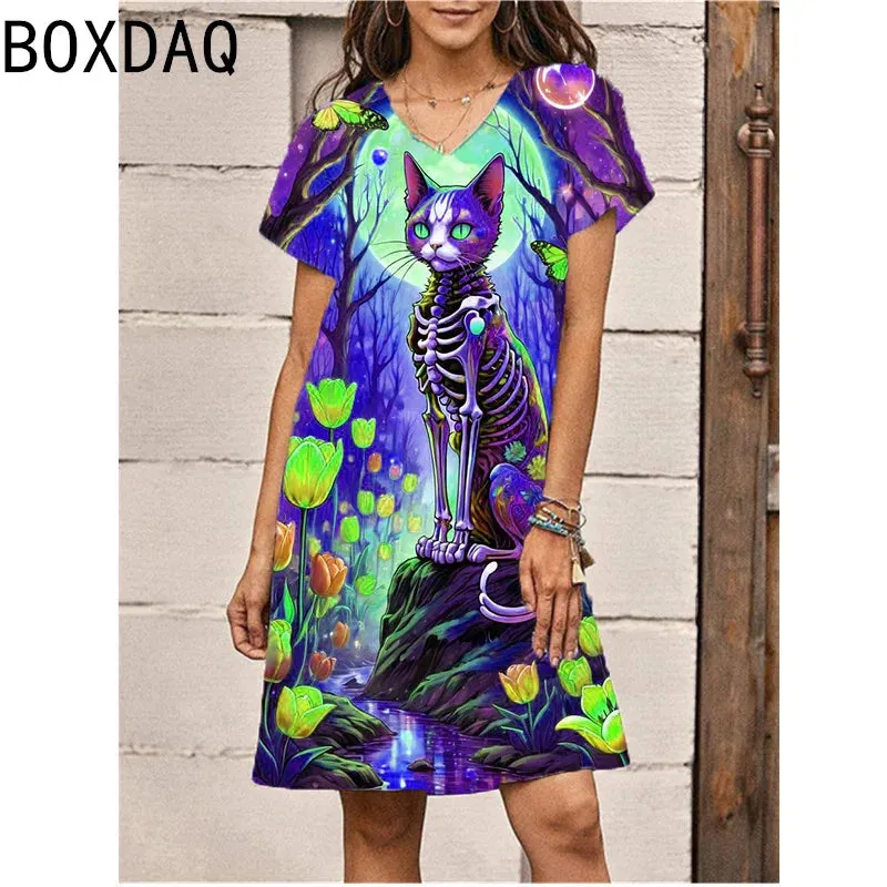 3D Skull Cat Print Dress 5XL 6XL Plus Size Women Short Sleeve V-Neck Casual Summer Beach Knee-Length Dress