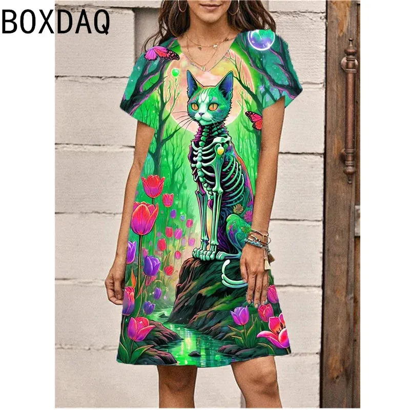 3D Skull Cat Print Dress 5XL 6XL Plus Size Women Short Sleeve V-Neck Casual Summer Beach Knee-Length Dress