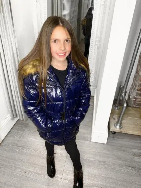 Abbie Belted Metallic Kids Coat - Navy