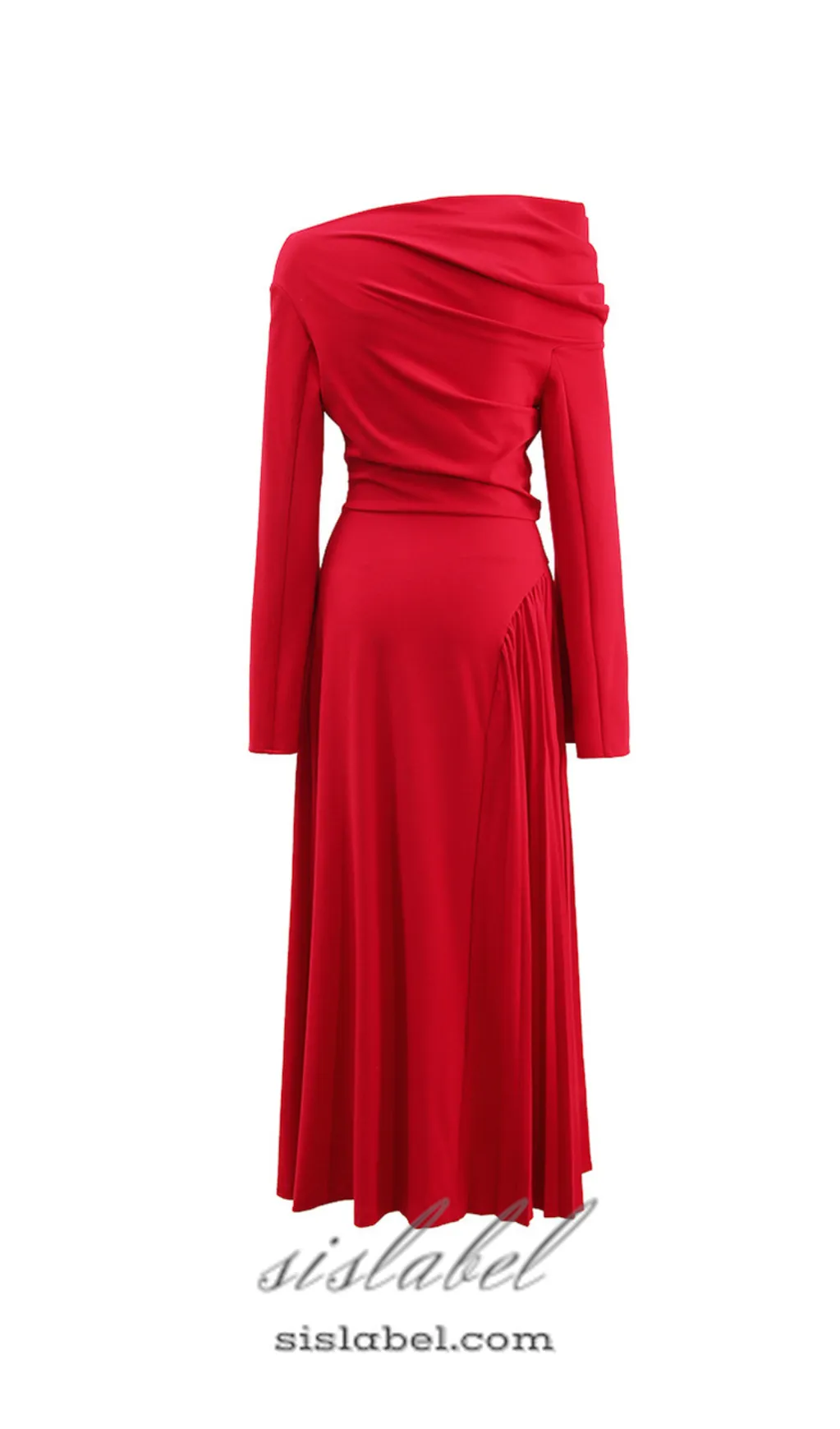 ALBERTA RED ONE SHOULDER SLIT PLEATED MAXI DRESS