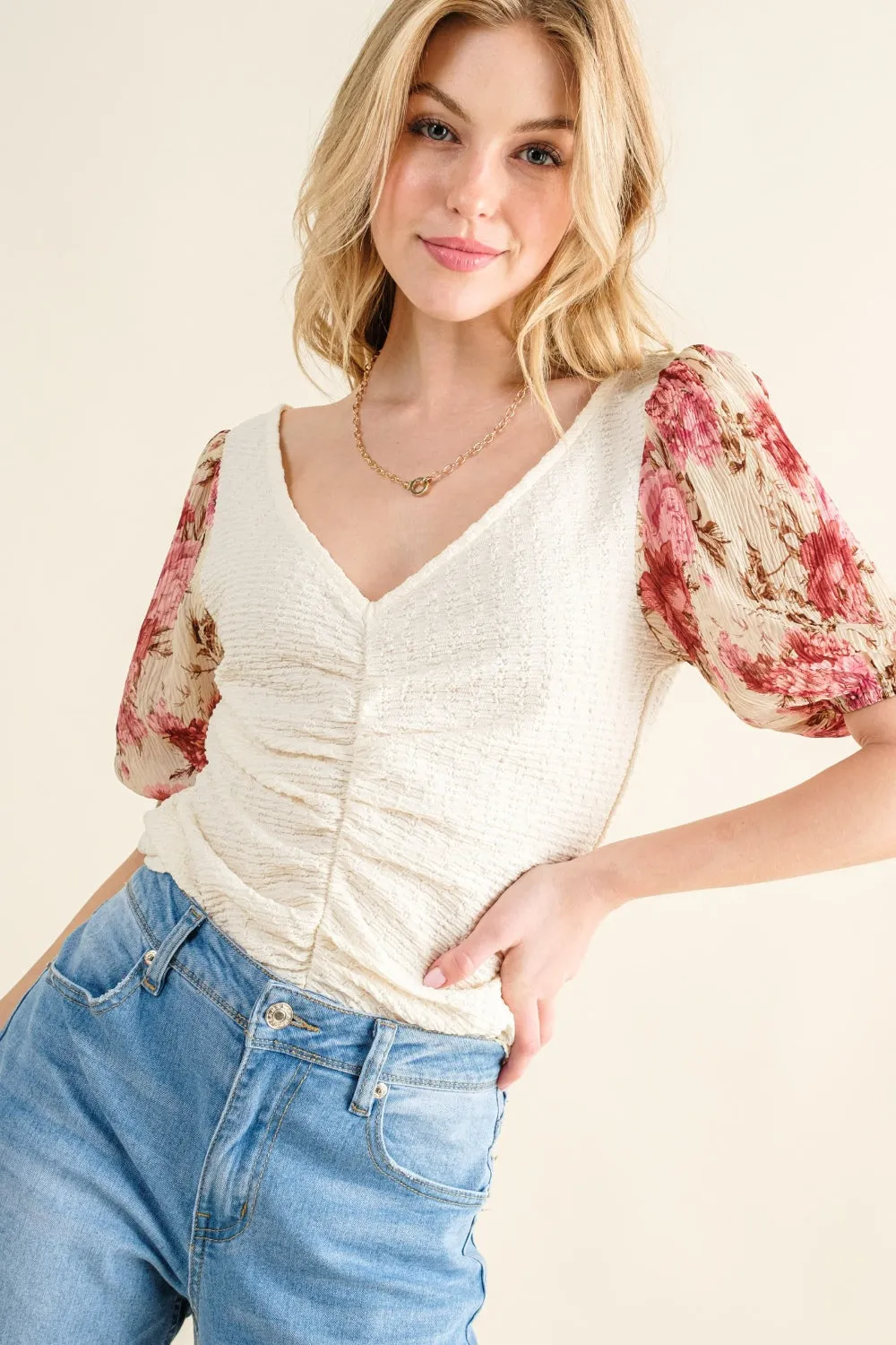 And The Why Full Size Floral Print Textured Sleeve Knit Top