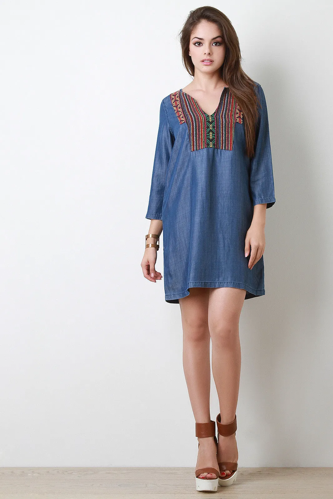 Aztec Embroidery Chambray Shift Dress