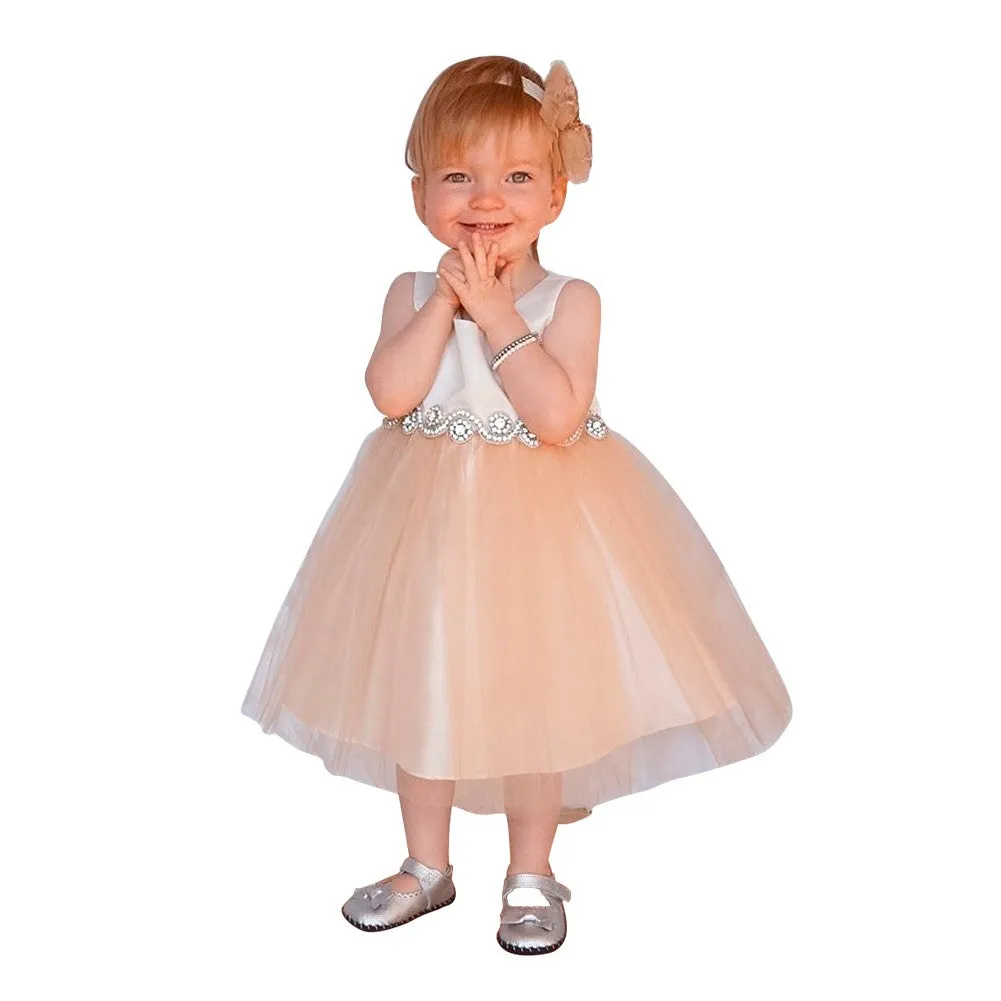 Baby Girls Champagne Satin Tulle Rhinestone Flower Girl Dress 6-24M