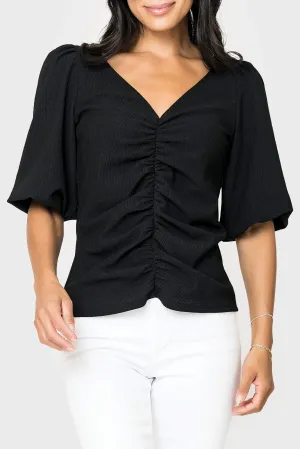 Balloon Sleeved V-Neck Textured Top