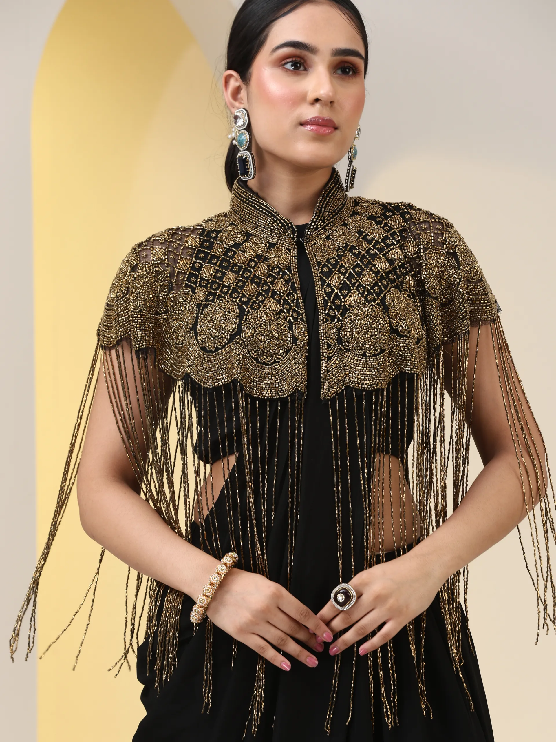 Beaded Black Cape with Long Sequins