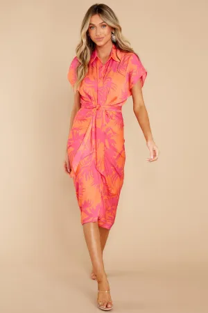 Beautiful Smile Hot Pink And Orange Leaf Print Midi Dress