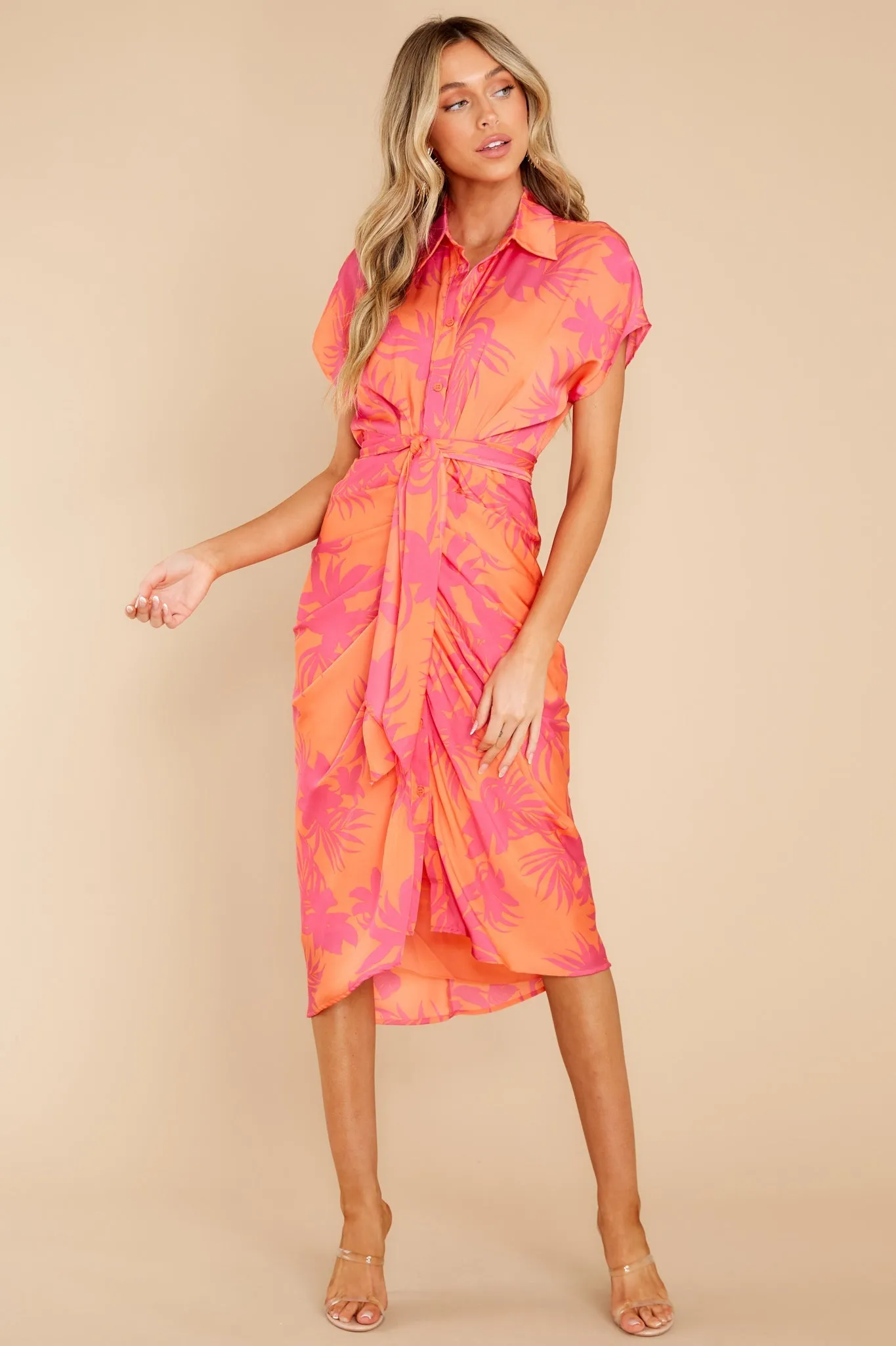 Beautiful Smile Hot Pink And Orange Leaf Print Midi Dress