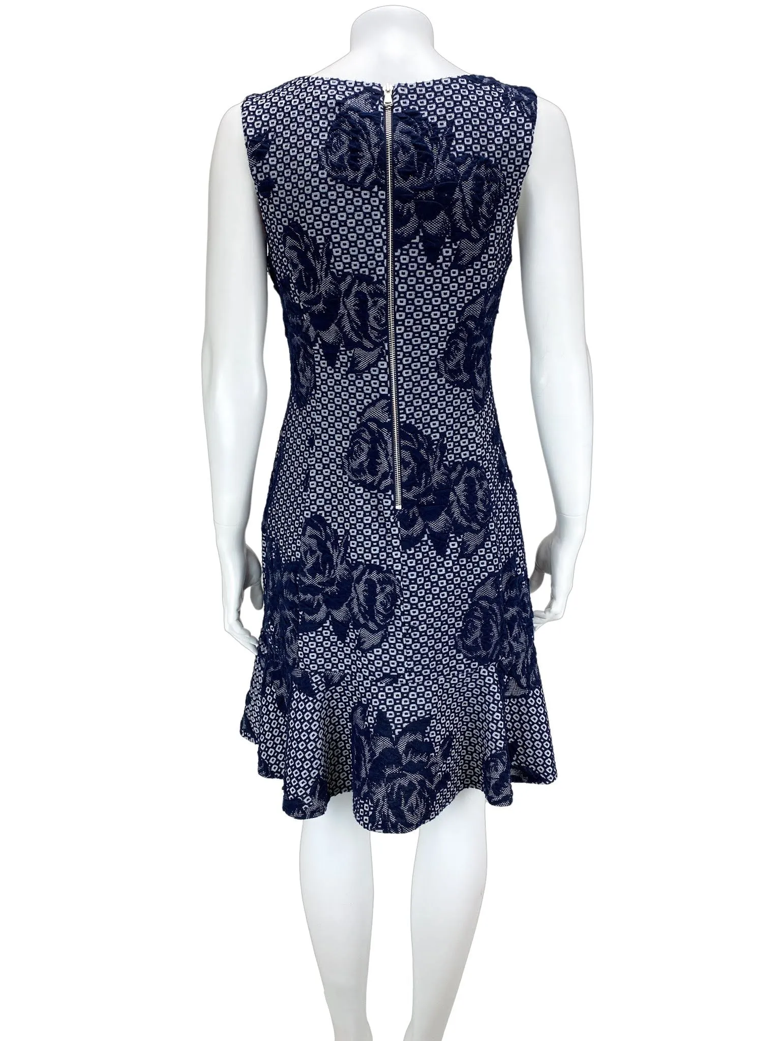 Betsey Johnson, Women's Jacquard Flounce Dress, Navy/Cream, Size 4