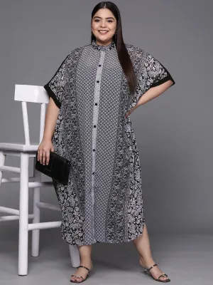 Black & Off White Printed Georgette Kaftan Maxi Dress