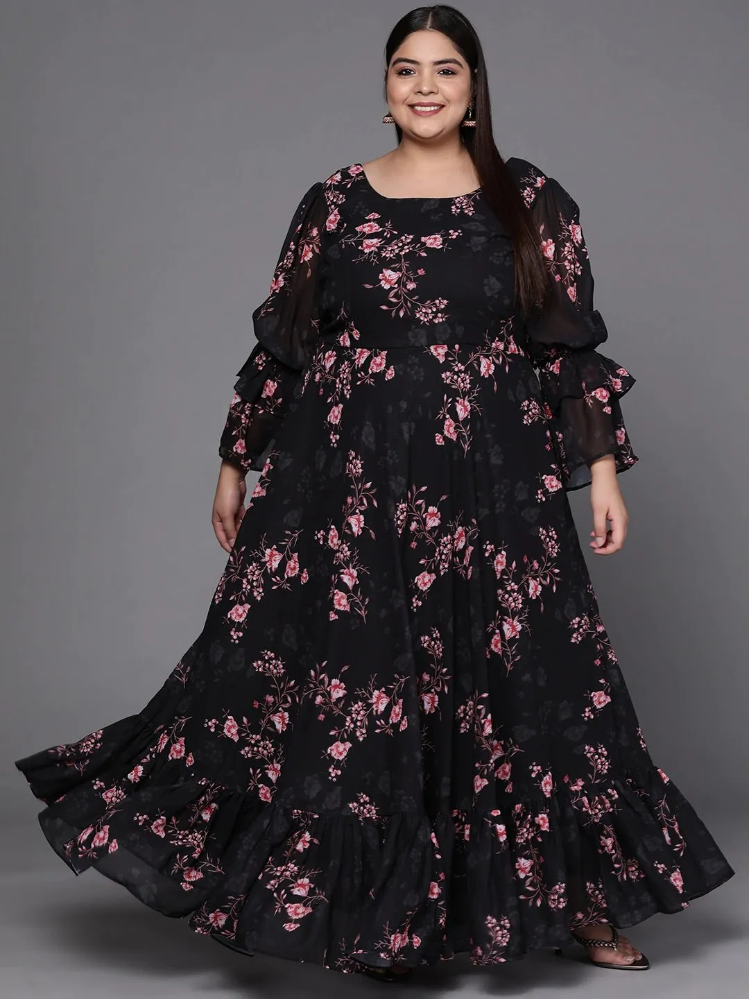 Black & Pink Floral Print Georgette Ethnic Maxi Dress