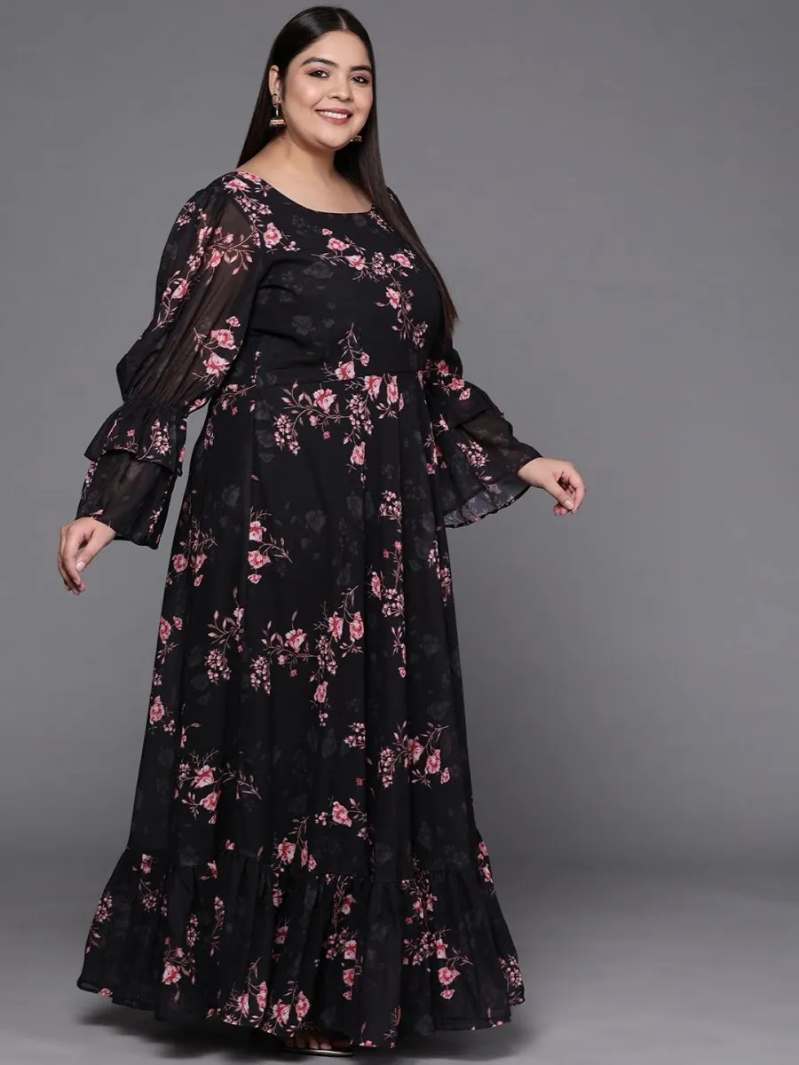 Black & Pink Floral Print Georgette Ethnic Maxi Dress