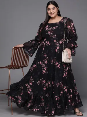 Black & Pink Floral Print Georgette Ethnic Maxi Dress