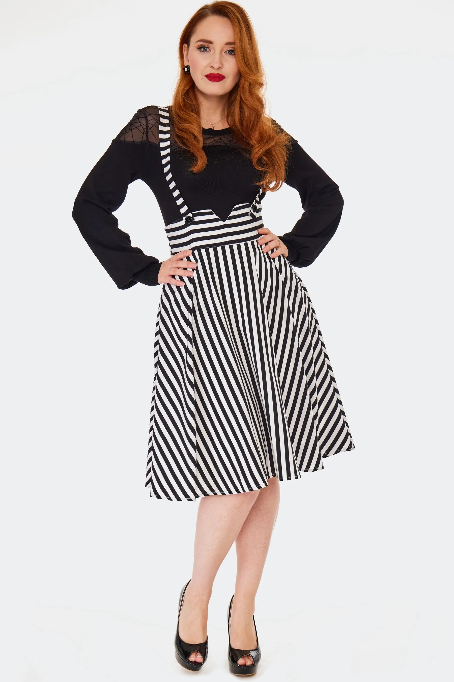 Black & White Stripe Suspender Skirt by Voodoo Vixen