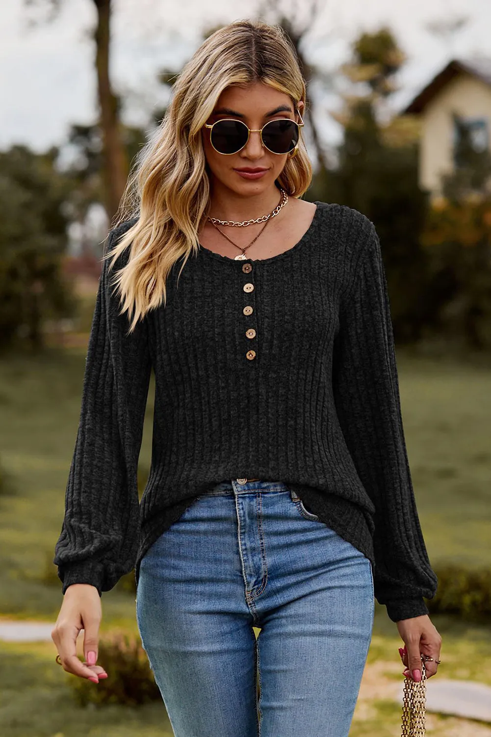 Black Brushed Round Neck Long Sleeve Henley Top