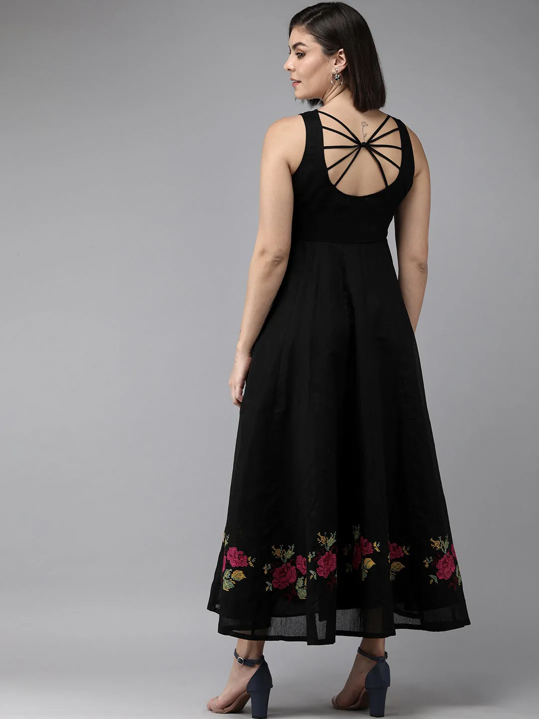 Black Embroidered Chanderi Silk Maxi Dress