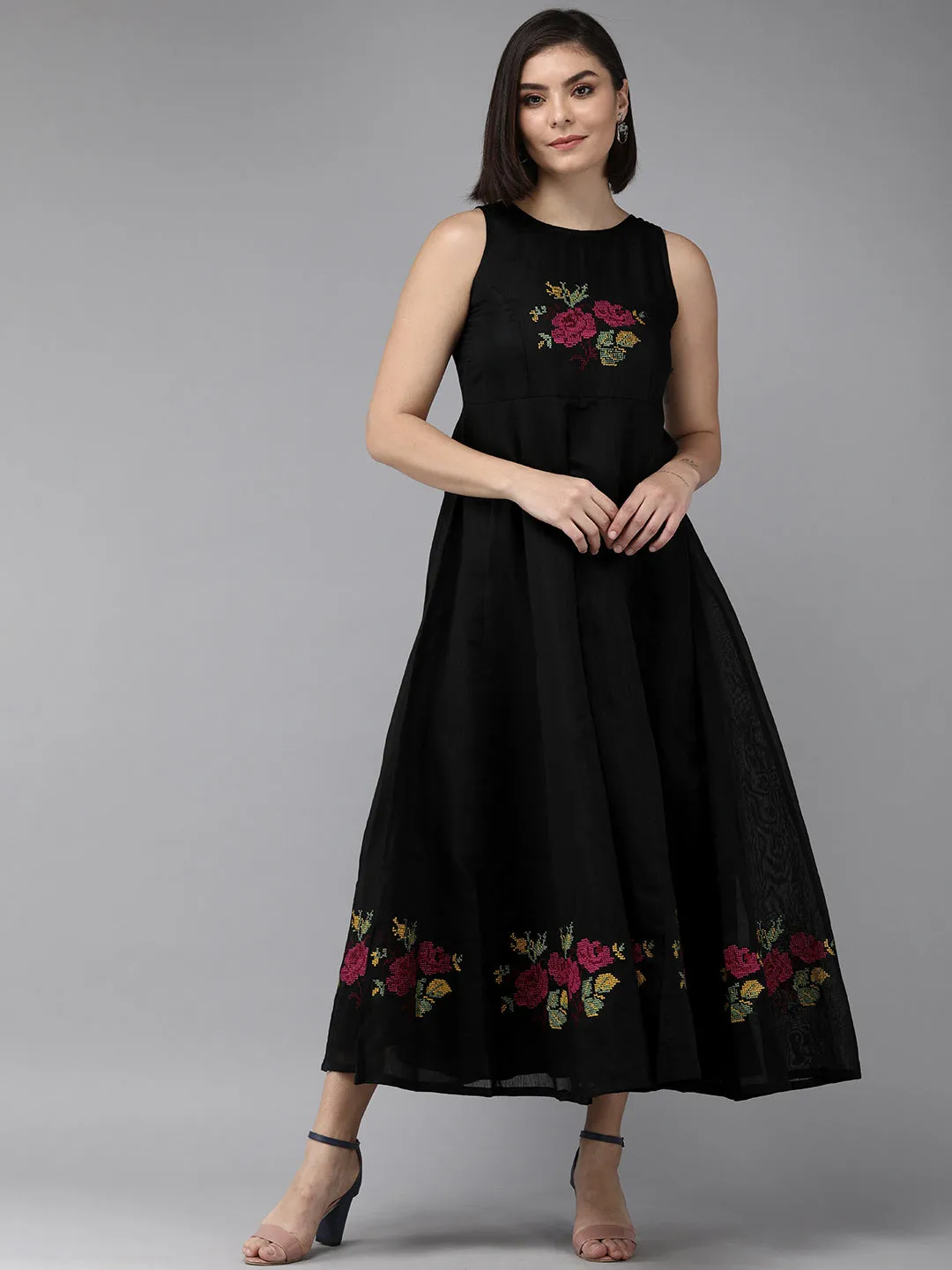 Black Embroidered Chanderi Silk Maxi Dress