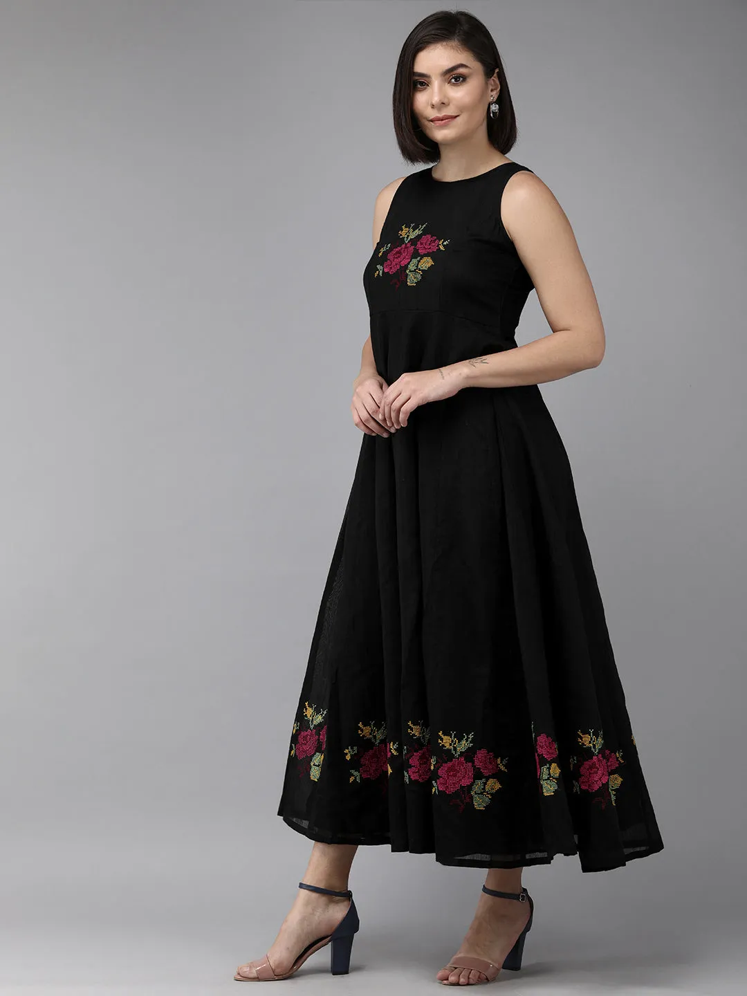 Black Embroidered Chanderi Silk Maxi Dress