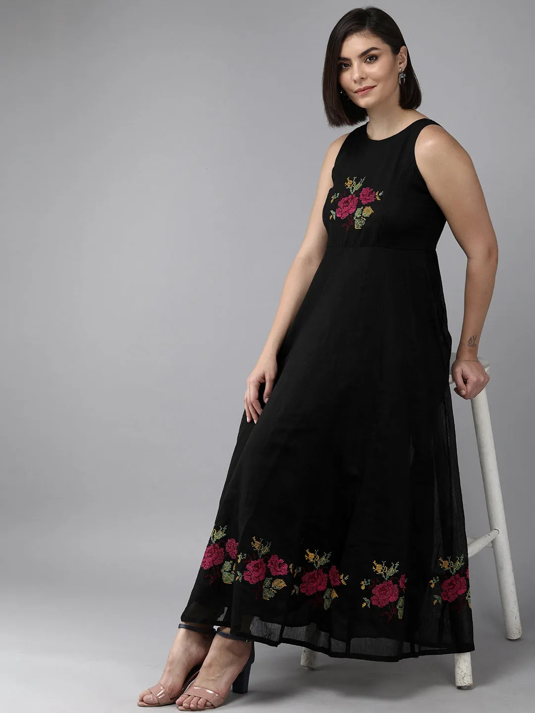 Black Embroidered Chanderi Silk Maxi Dress