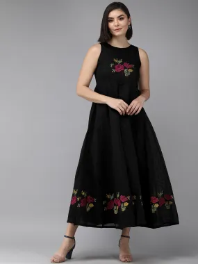 Black Embroidered Chanderi Silk Maxi Dress