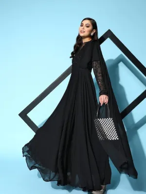 Black Floral Embroidered Georgette Ethnic Gown With Dupatta