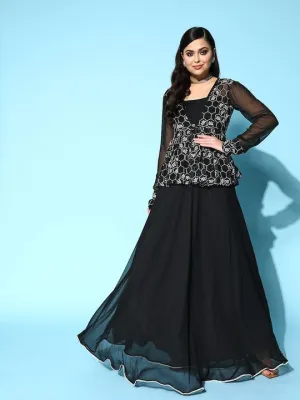 Black Georgette Ethnic Gown With Embroidered Jacket