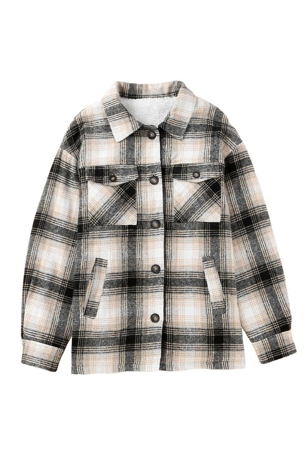 Black Plaid Casual Pocket Button Fleece Lining Shacket