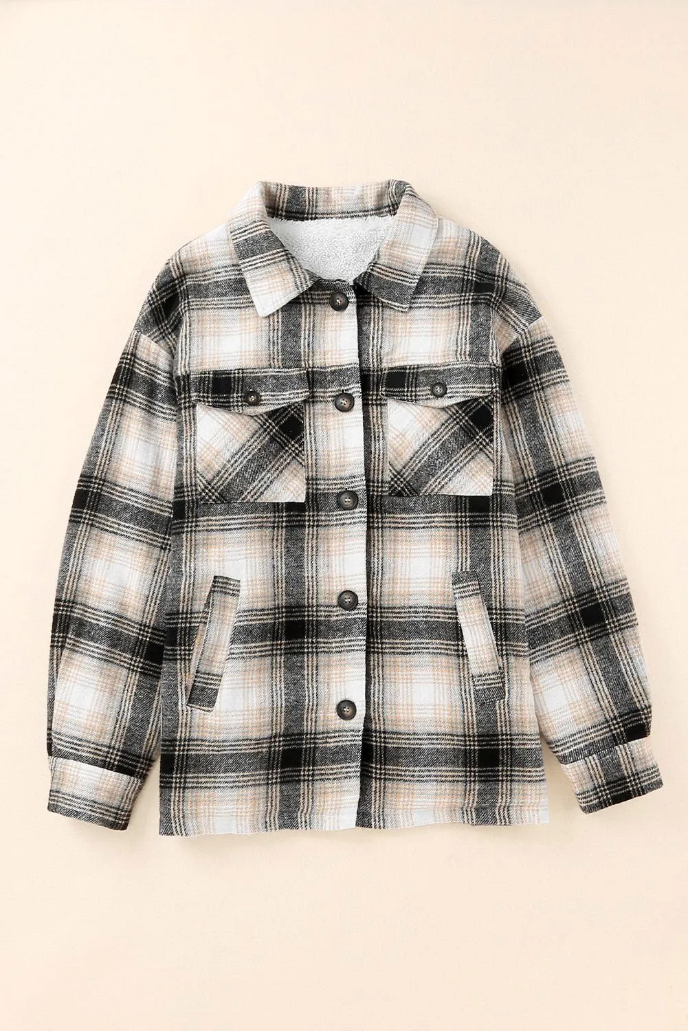 Black Plaid Casual Pocket Button Fleece Lining Shacket