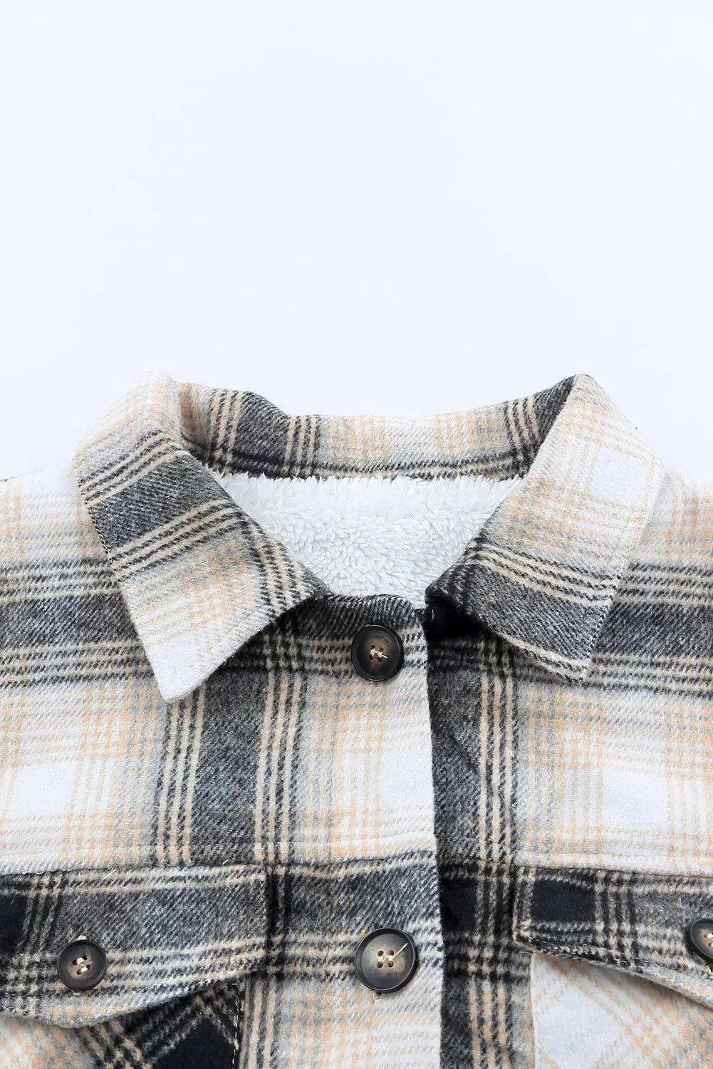 Black Plaid Casual Pocket Button Fleece Lining Shacket