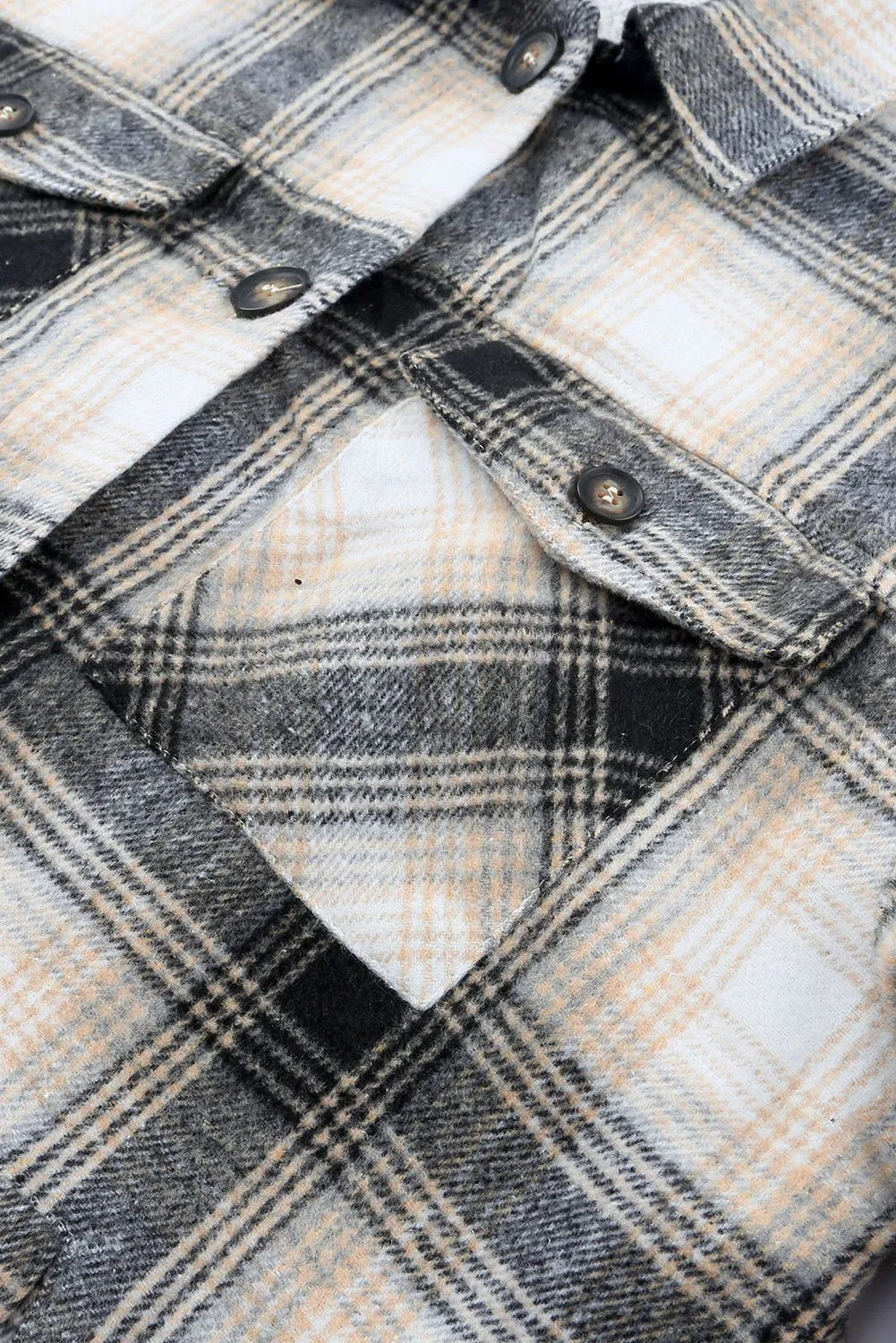 Black Plaid Casual Pocket Button Fleece Lining Shacket