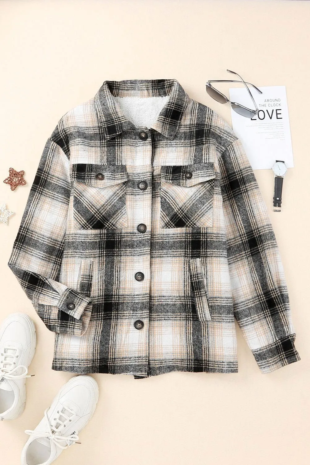 Black Plaid Casual Pocket Button Fleece Lining Shacket