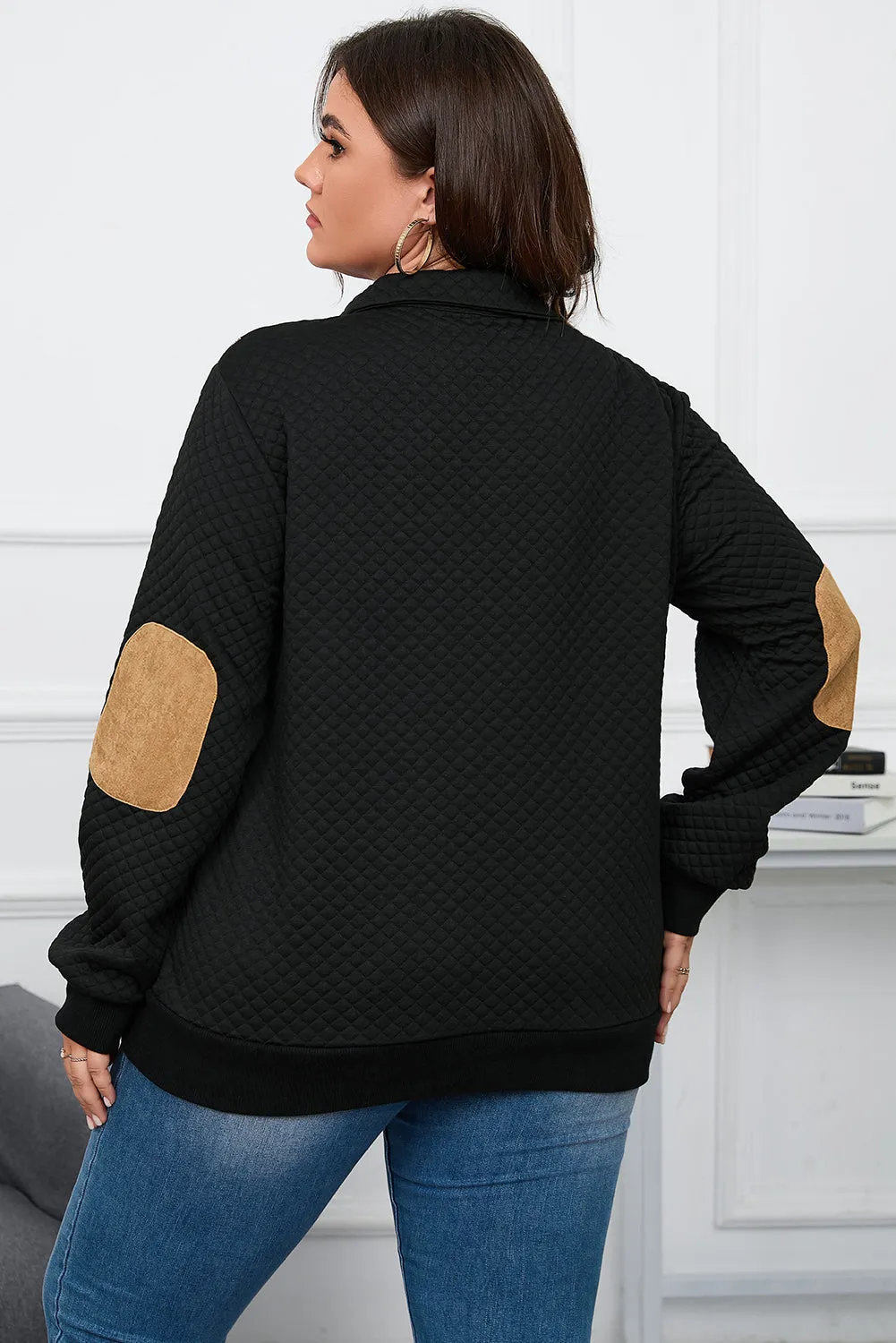 Black Plus Size Quilted Sweatshirt with Plaid Patchwork & Henley Neck