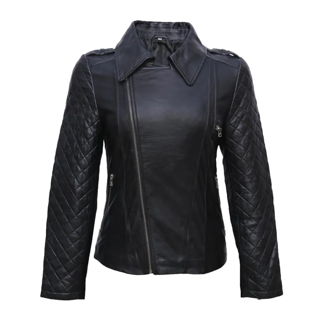 Black Quilted Leather Jacket with Wing-Collar