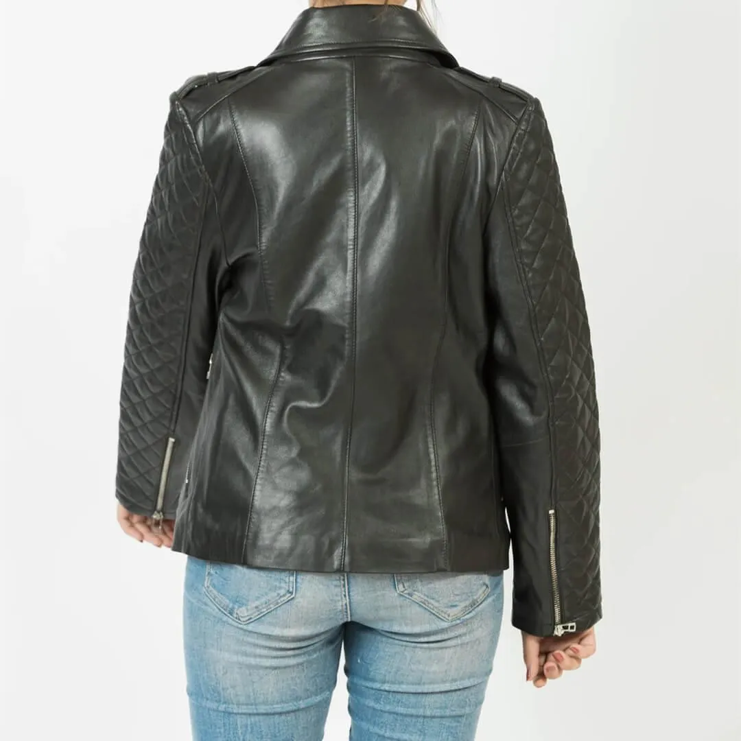 Black Quilted Leather Jacket with Wing-Collar