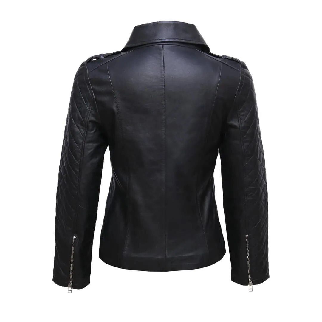 Black Quilted Leather Jacket with Wing-Collar