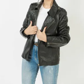 Black Quilted Leather Jacket with Wing-Collar