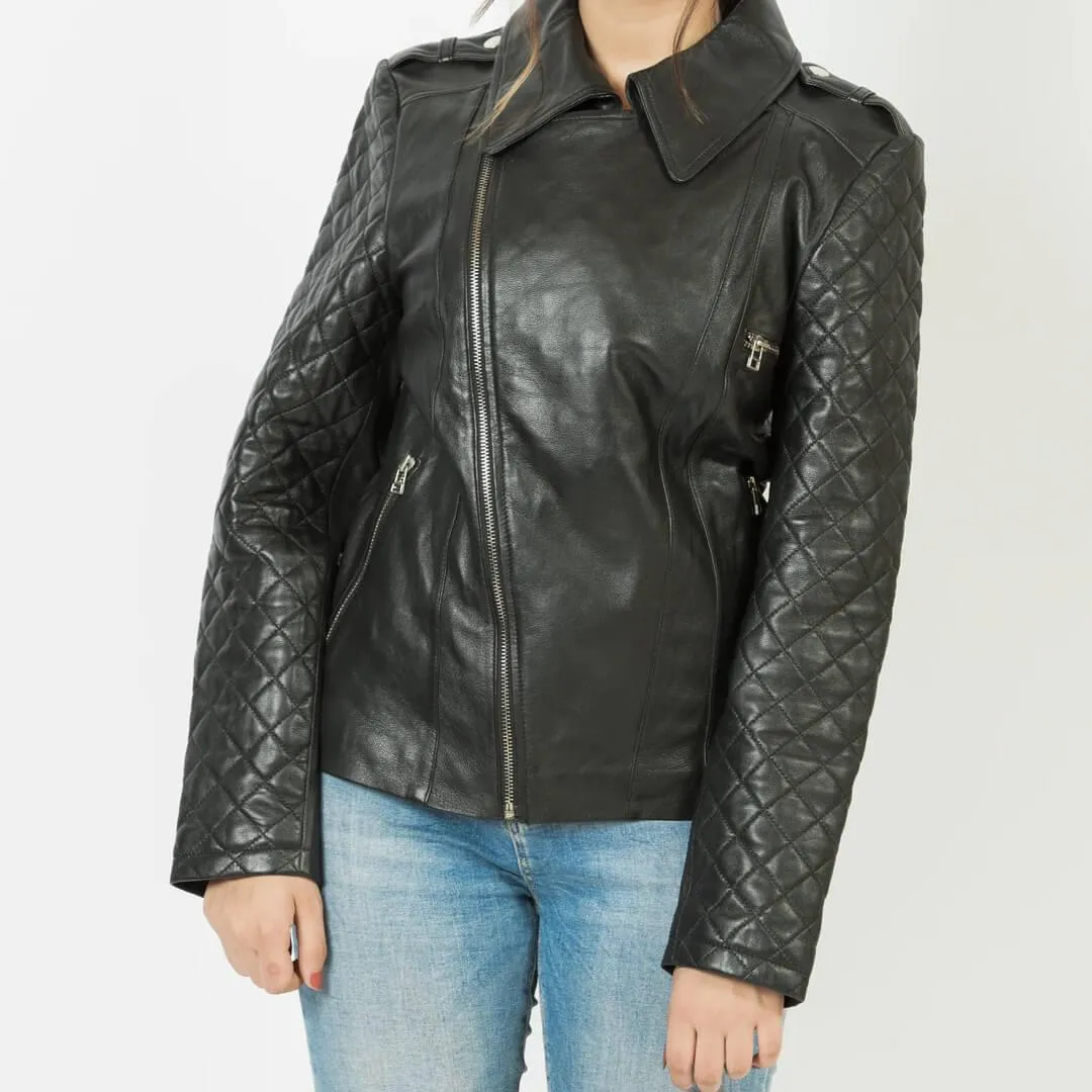 Black Quilted Leather Jacket with Wing-Collar