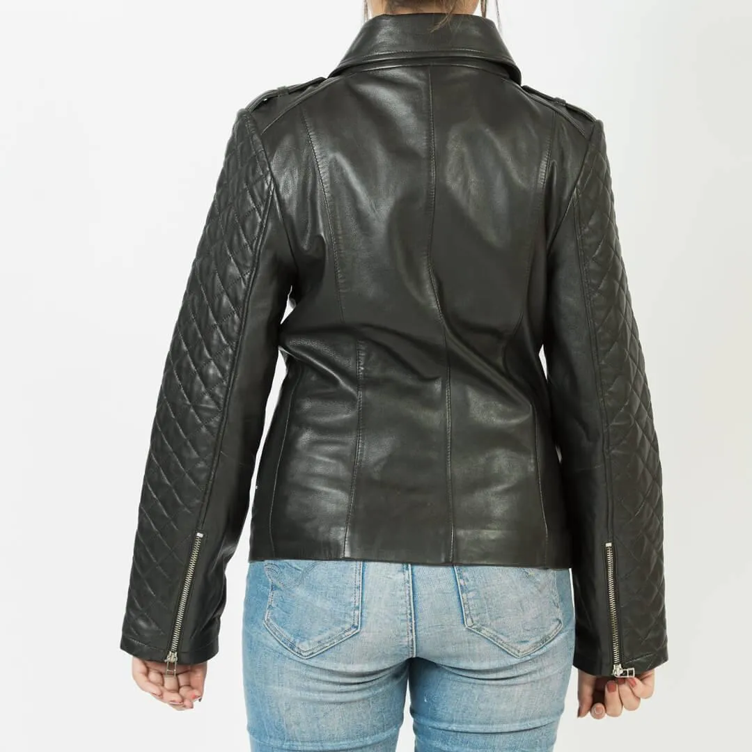 Black Quilted Leather Jacket with Wing-Collar