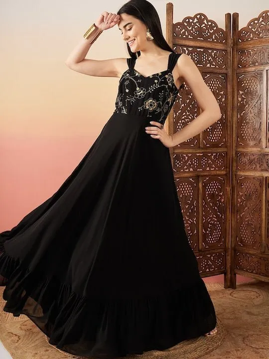 Black Sequence Embroidered Flared Maxi Ethnic Dresses