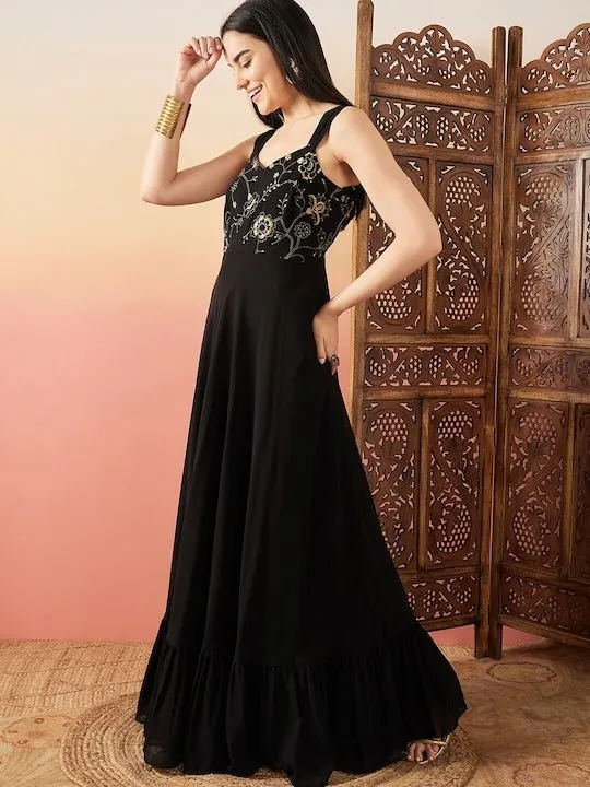 Black Sequence Embroidered Flared Maxi Ethnic Dresses