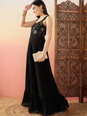 Black Sequence Embroidered Flared Maxi Ethnic Dresses