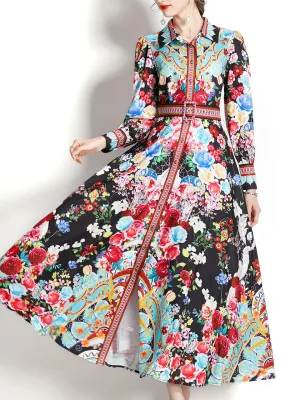 Black Turn Down Collar Floral Print Trumpet Sleeve Bohemian Dress Maxi Dress