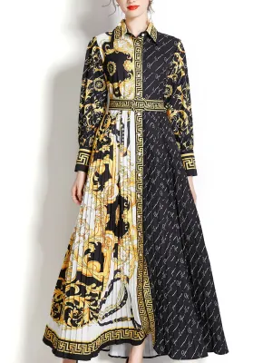 Black Turn Down Print Long Sleeve Bohemian Dress Maxi Dress