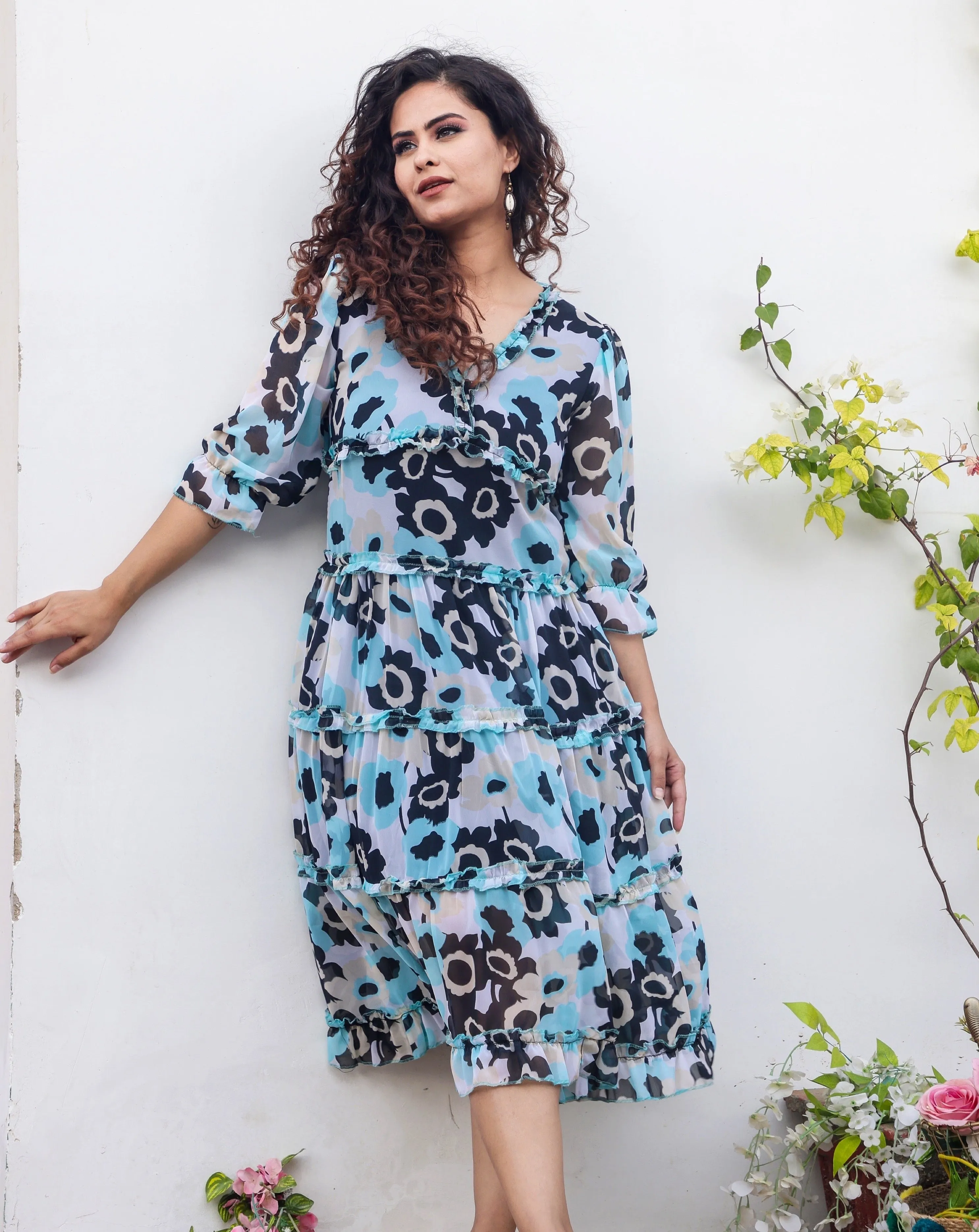 Blue Floral Print Maxi Dress