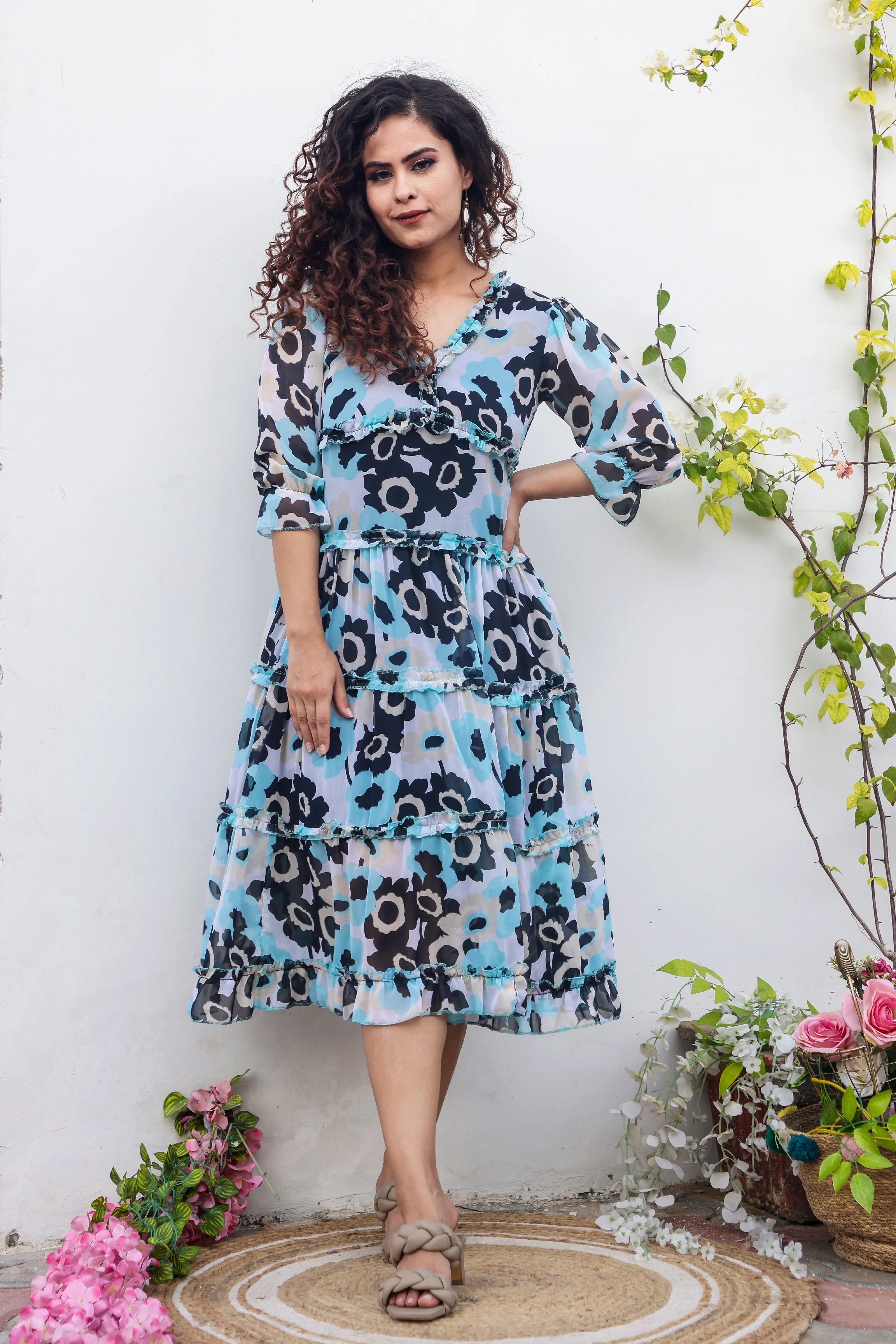 Blue Floral Print Maxi Dress