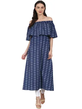 Blue Printed Drape Shoulder Sleeve Maxi Dress