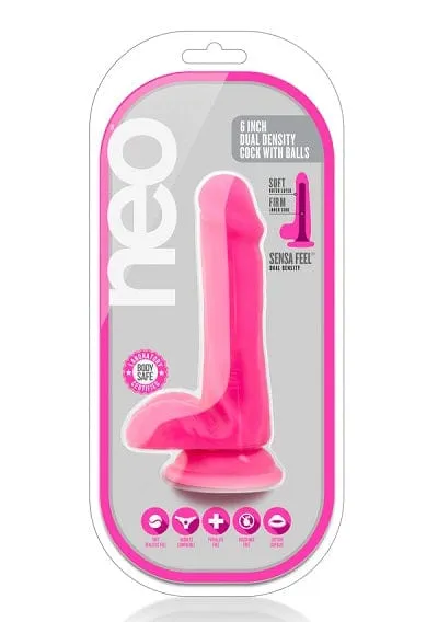 Blush Neo Neon Pink 6 Inch Dual Density Cock With Balls