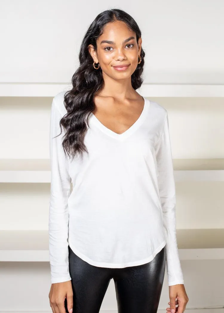 Bobi Essential Long Sleeve V Neck Curved Hem Tee-Cream ***FINAL SALE***