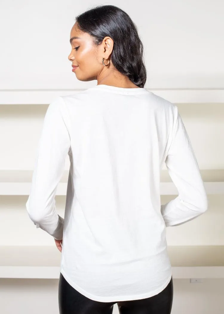 Bobi Essential Long Sleeve V Neck Curved Hem Tee-Cream ***FINAL SALE***