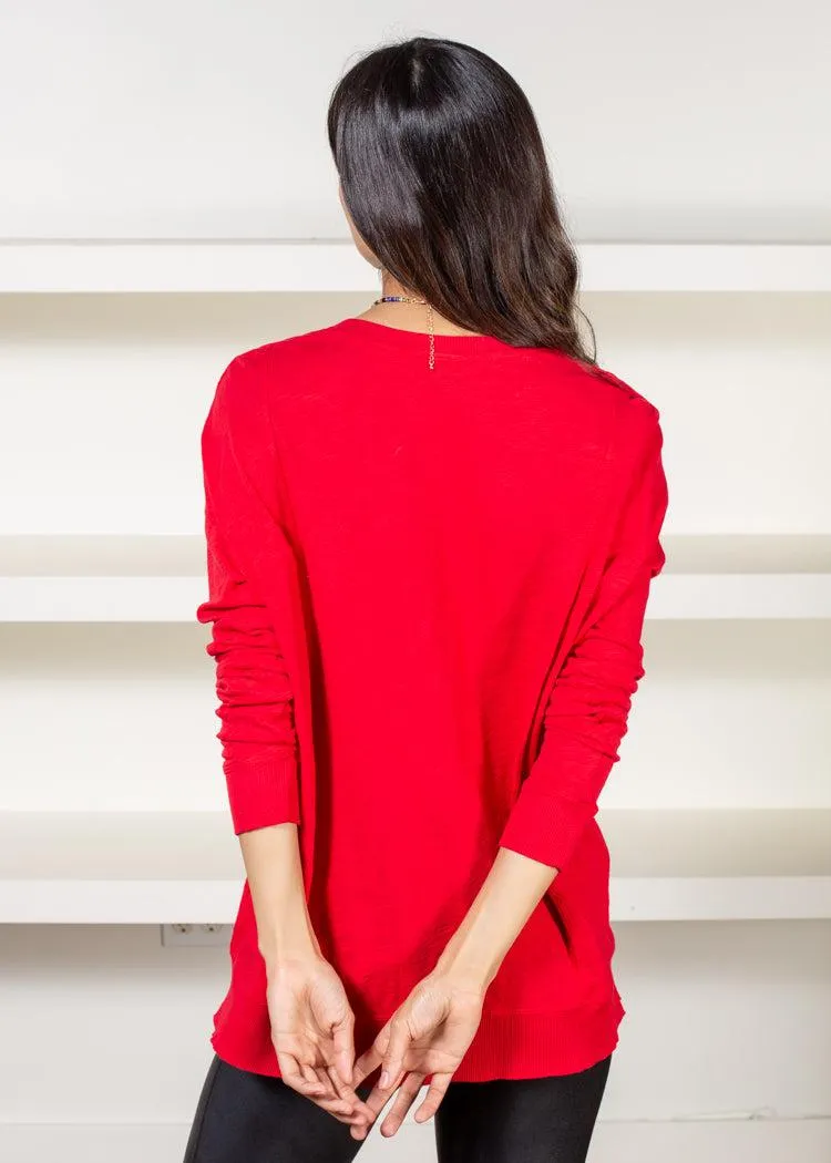 Bobi Princess Seam Long Sleeve V Neck Tee- Red Hot ***FINAL SALE***